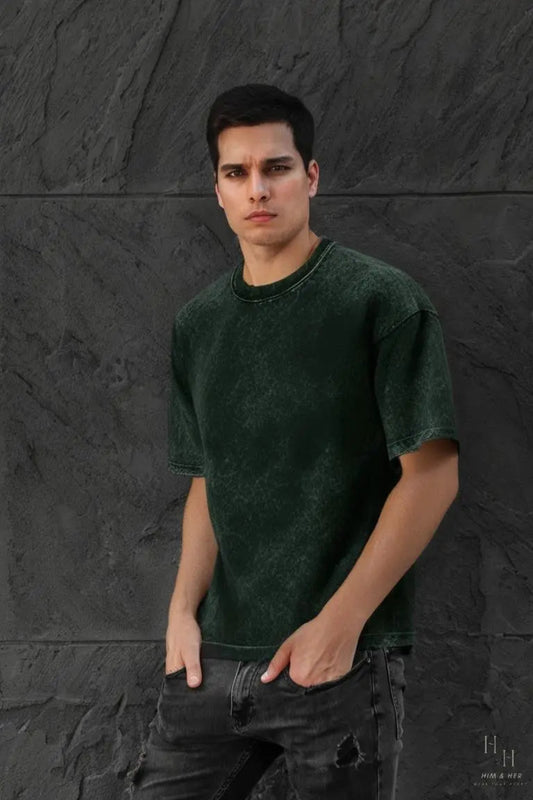 ACID WASH UNISEX OVERSIZED T-SHIRT -BOTTLE GREEN COLOR HIM HER US